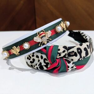 2 Luxe Red Green Striped Leopard BEE Knot Headbands